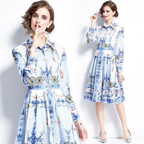 Spring and Autumn New Womens Printed Slim-Fit Single-Breasted Lapel Long-Sleeve Dress