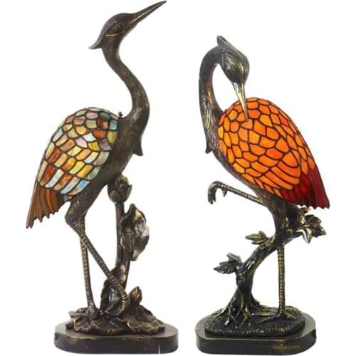 High End Artwork Crane Resin Glass Vintage Chinese Table Lamp for Foyer Bed Room Bar Apartment Decor Night Light 1078