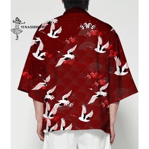 Japanese Kimono Crane Print Yukata Coat Samurai Men Women Harajuku Shirt Japan Haori Cardigan Asian Traditional Anime Costumes