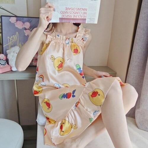 2021 Summer Sexy Lingerie Spaghetti Strap Silk Satin Nightgowns for Women Fashion Print Nightdress Sleepwear Night Dress Nighty