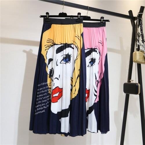 2021 New Style Women Summer Pleated Skirt Ladies Casual Elastic Waist Cartoon Print A-Line Long Skirt Fashion Clothes One Size