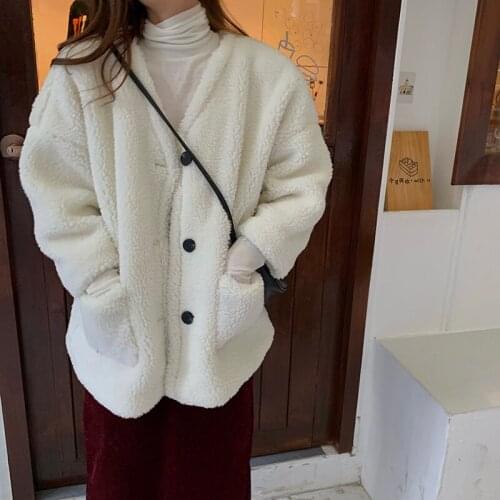 Korean Casual Women Thicken Coat Hiver Solid V-neck Lamb Wool Jacket Long Sleeve Oversized Outwears 2020 Winter Clothes Fashion