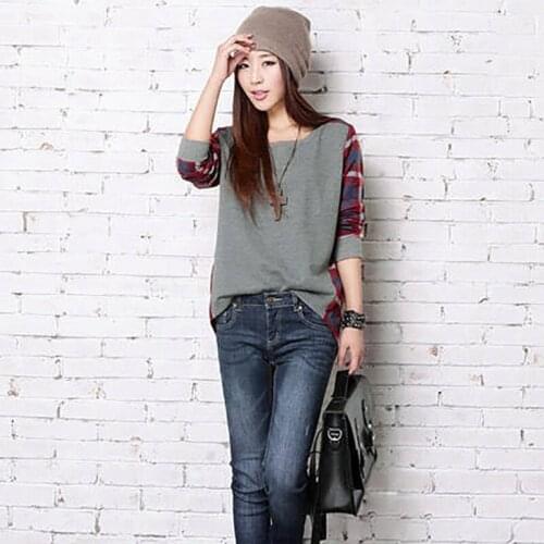 Spring T-shirt Pullover Women O-Neck Patchwork Plaid Long Sleeve Sweatshirt Tops Shirt 2020 Newly Women Clothes