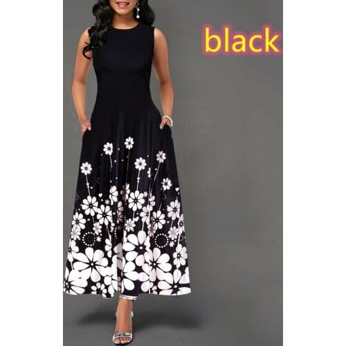 European Style Summer Women Casual High Waist Print Maxi Dress Vintage O-neck Sexy Sleeveless A-line Long Dress M-5xl