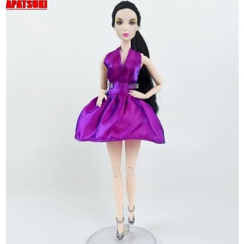 1pcs Purple V-Neck Doll Clothes for Barbie Doll Evening Party Dress for 1/6 BJD Dolls Clothes for 1:6 Dolls Outfits Short Dress