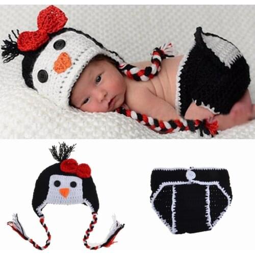 2pcs/Set Newborn Photography Props Cartoon Penguin Crochet Knit Hat + Pant Set Girls Boys Unisex Photography Accessories