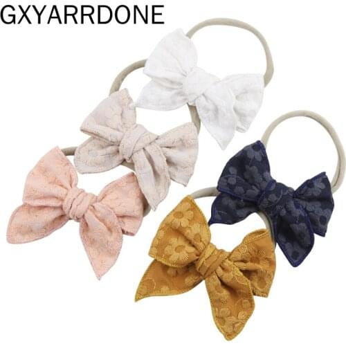 2021 Wholesale Solid Embroidery Lace Hair Bow Tie Headband Elastic Nylon Band Baby Girls Summer Princess Boutique Headwear