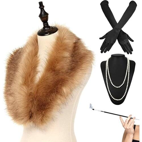 1920s Accessories Faux Fur Collar for Winter Coat Flapper Boa Cigarette Holder Faux Necklace Long Gloves