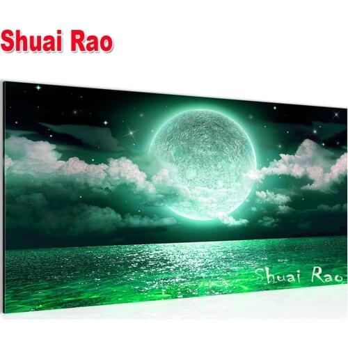 Diamond Painting Cross Stitch Bright moon at Green sea Full Round Diamond Embroidery 5D DIY Picture Of Rhinestone Home Decor