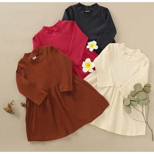 Childrens autumn solid color high elastic dress new girls thread warm round neck long sleeve dress WT96