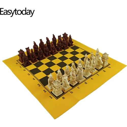 Easytoday New Chess Games Set Table Games Synthetic Leather Chessboard Resin Chess Pieces China Terracotta Warriors Modeling