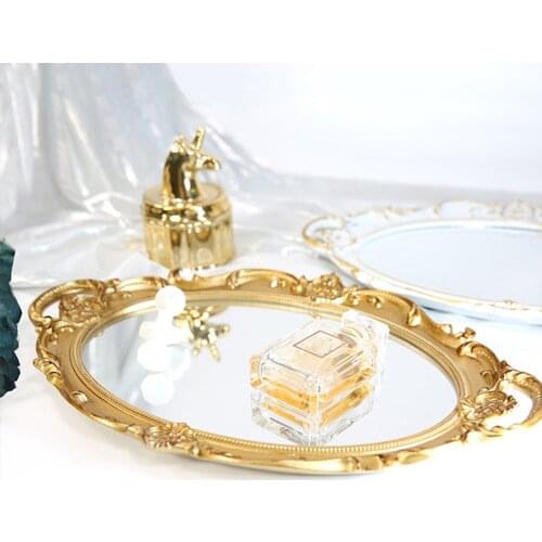 European Storage Tray Cosmetic Tray Storage Plates Perfume Plate Retro Groceries Mirror Vintage European Mirror Display (Golden)