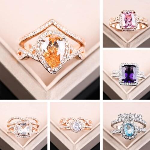 2pcs Fashion Big Crystal Flower Ring Set Luxury Pave Zircon Rose Gold Color Rings For Women 2021 Summer Jewelry Anillos Mujer