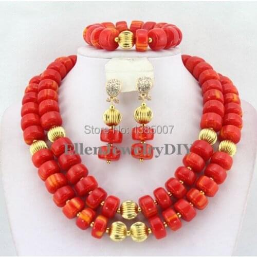Red African Nigerian Wedding Beads Coral Jewelry Sets,African Beads Coral Necklace Bracelet Earrings Sets Free Shipping TL1716