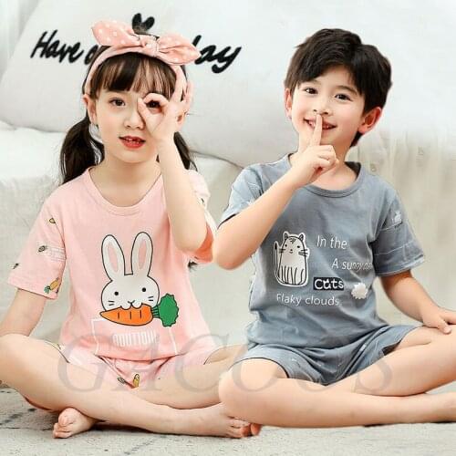 Summer Boys Girls Pajamas Short Sleeved Childrens Clothing Sleepwear Cotton Pyjamas Sets For Kids Teens 4 6 8 10 12 14 Years