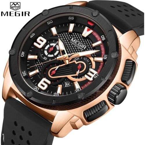 MEGIR Mens Watches Chronograph Military Waterproof Sport Quartz Watch Men Luxury Brand Male Wristwatch Big Dial Silicone Clock