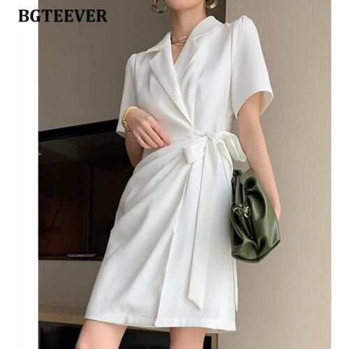BGTEEVER Elegant Ladies Notched Collar Solid Suit Dress Short Sleeve Lace-up Women Short Dress 2021 Summer Mini Vestidos