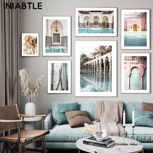 Gate Architecture Mosque Plant Poster Print Islamic Wall Art Landscape Canvas Painting Nordic Travel Picture Room Home Decor