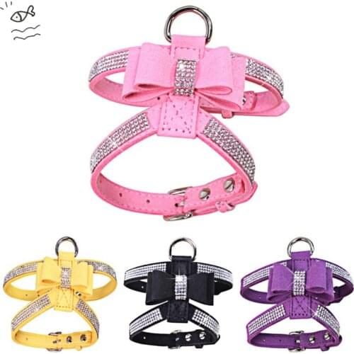 Bling rhinestone Pet Puppy Dog Harness Velvet Leather Dog Leash for Small Dog Puppy Cat Chihuahua Pink Dog Collar Pet Products