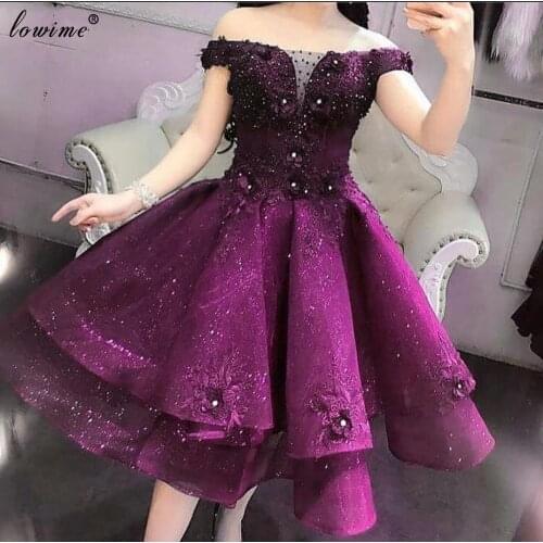 Luxury Purple Glitter Cocktail Dresses 2020 Beading Flowers Knee-Length Robes De Cocktail Off Shoulder Prom Dresses Women Party