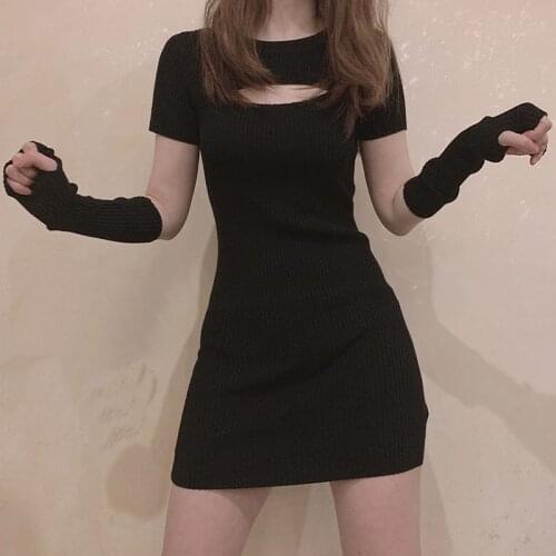 Sexy Knitted Dress Women Summer Chic Chest Hollow Out Thin Elegant Slim Stretchy Mini Dresses Japanese Vestidos Kawaii Clothes