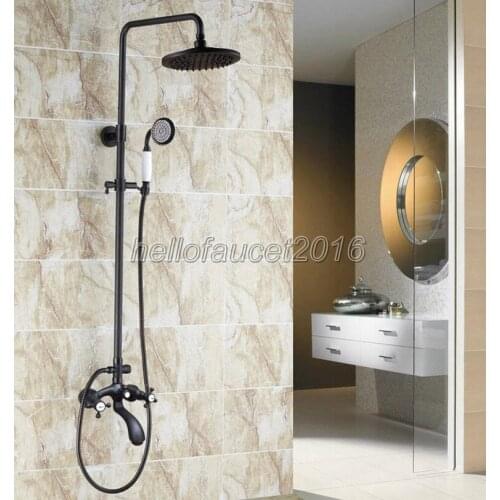 Bathroom Dual Cross Handle Rain Shower Faucet Set + Bathtub Mixer Taps Wall Mounted Black Oil Antique Brass Finish lhg116