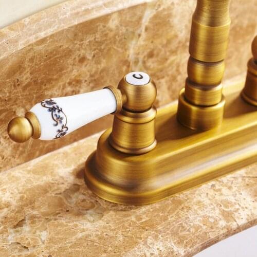 Vidric Free shipping! Antique Brass Deck Mounted Dual Ceramics Cross Handles Bathroom Vessel Sink Basin Faucet Swivel Mixer Tap