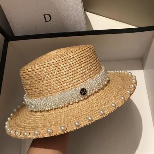 2021 Pearl Decoration Sun Hat For Women Flat Top Jazz Fedoras Panama Summer Straw Hat Brief Blue Girdle Beach Hat