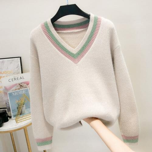Urifens 2021 Student Knitted Bottoming Femal Striped Color Matching Sweet Long-sleeved V-neck Women Sweater Pullover LBJ2713