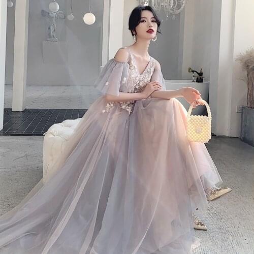 Women Elegant Evening Dresses Long 2021 Luxury Appliques A-line Floor-length Formal Dress Tulle Sexy Evening Party Gowns