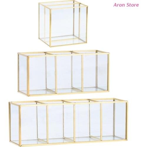 Gold Glass Makeup Brush Holder Storage Container Ring Earring Holder Clear Glass