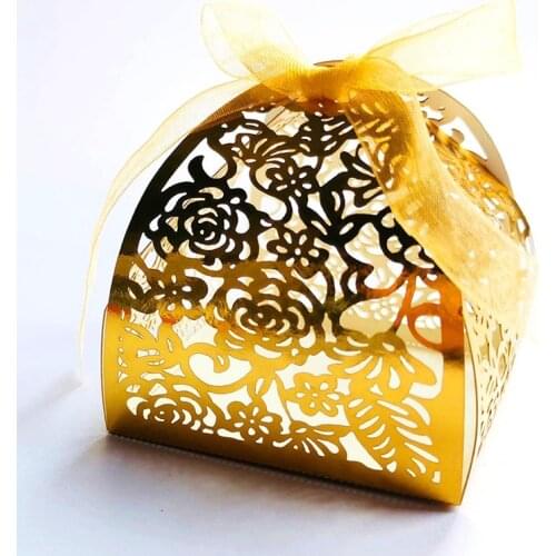 10pcs Laser Cut Rose Flower Candy Boxes Bag Guest Favors Gift Boxes Package Baptism with Ribbon Birthday Wedding Party Supplies