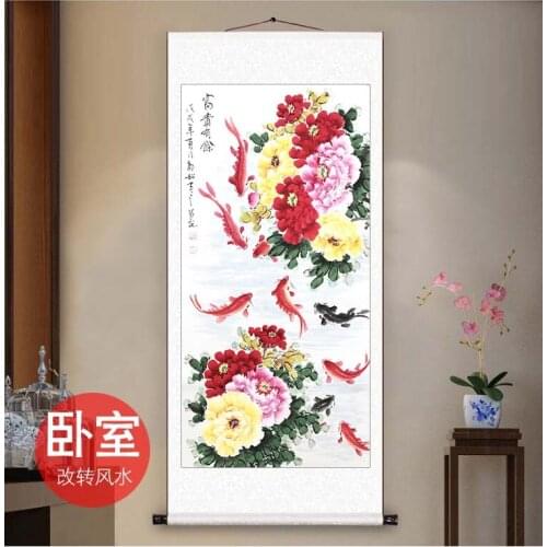 100% handpainted Hall Lobby HOME Company WALL TOP Decorative 9 fishes Rich Peony Flowers FENG SHUI chinese painting 175CM LARGE