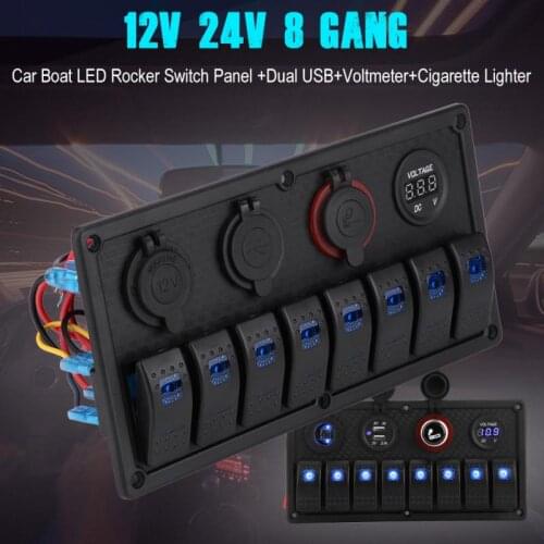 12V 24V 8 Gang Car Boat LED Rocker Switch Control Panel Dual USB Voltmeter with Cigarette Lighter 2018 New