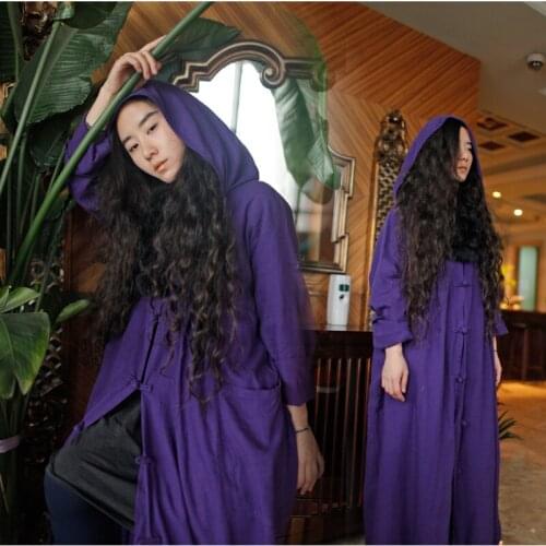 2015 plate buttons chinese style design fluid hooded long trench outerwear 17389-2