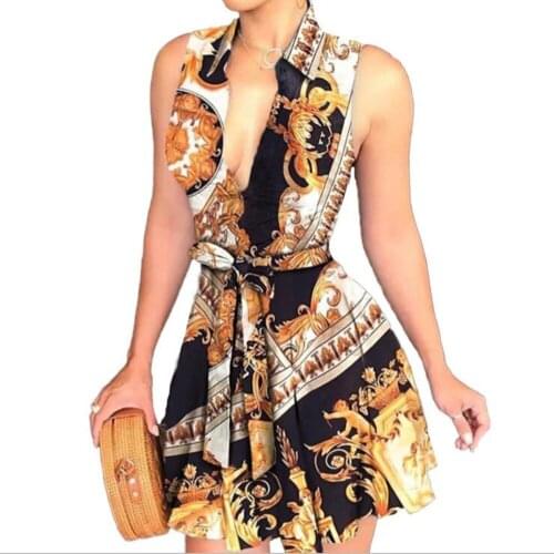 2021 Women Deep V Neck Cardigan Printed Bouquet Band Sexy Dress Vintage Sleeveless Polka Dots Floral Print Belt Party Mini Dress