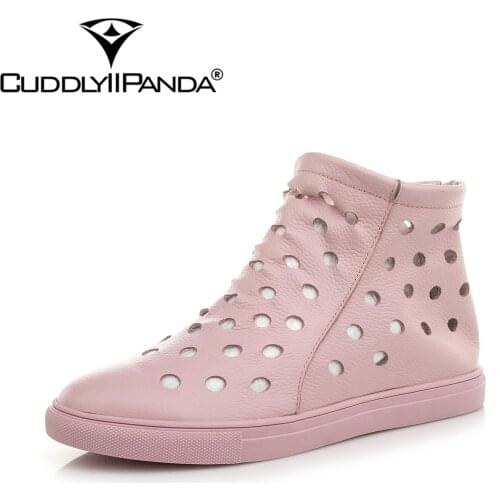 CuddlyIIPanda Spring Summer Genuine Leather Hollowed Women Flats Breathable Holes Cool Loafers Fashion Design Sapato Feminino