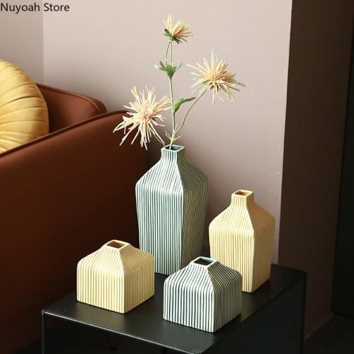 Nordic Creative Square Vase Simple Striped Retro Vase Decoration Living Room Dried Flowers Flower Arrangement Accessories Crafts