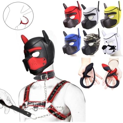 BDSM Pet Roleplay Party Pup Mask,Leather Mens Chest Harness Strap,Dog Tail Plug,Fetish Slave Bondage Erotic Hood Couple Sex Toy