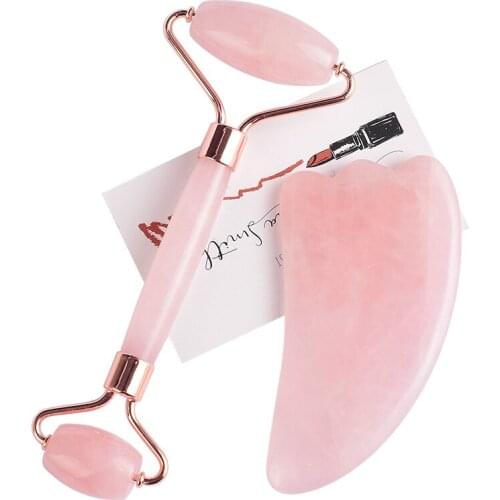 Natural Rose Quartz Jade Stone Roller and Guasha Massage Tools Lifting Face Scratching Body Neck Pain Reliever Women Beauty Care