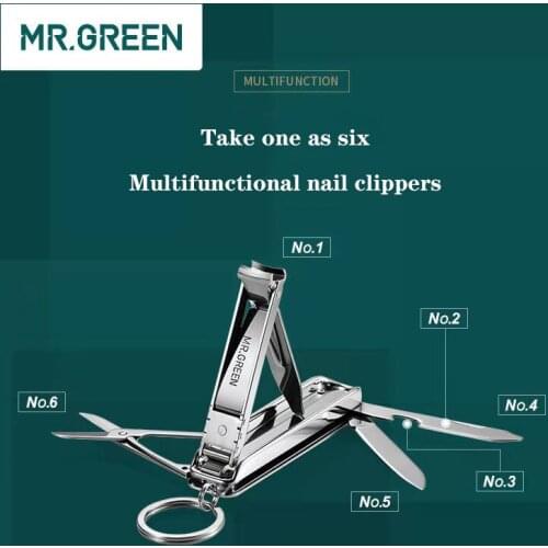 Mr.green Multifunctional Folding Nail Clipper Stainless Steel Six Functions nail File Bottle Opener Knife Scissors Manicure Tool