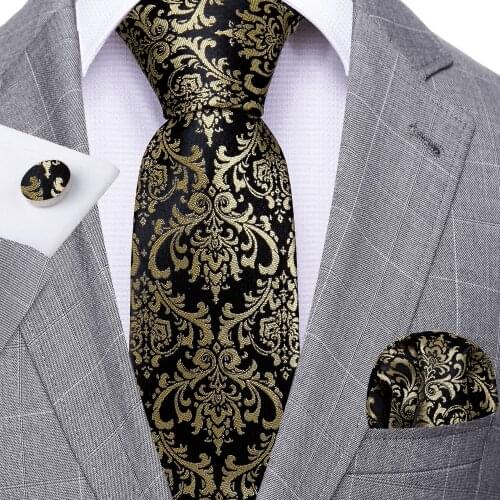 Fashion Gold Floral Men Tie Set Silk Jacquard Necktie Wedding Business Handkerchief Cufflinks Tie Barry.Wang Designer FA-5335