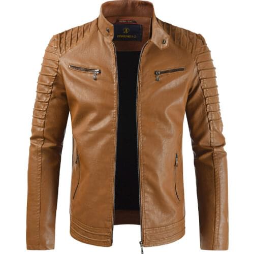 2021 autumn and winter leather jacket fleece men/stand-up collar zipper mens windproof motorcycle PU Coats/warm mens clothing