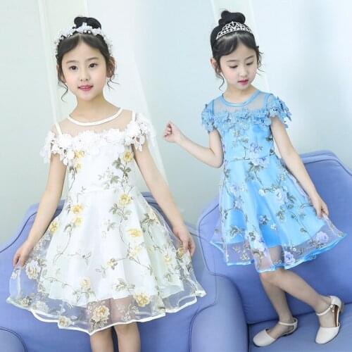 Baby Girls Clothing 2019 Summer Dress Fashion New Flowers Slim Mesh Princess Peach Puff Dress 4-12 Years Christmas Day Gift