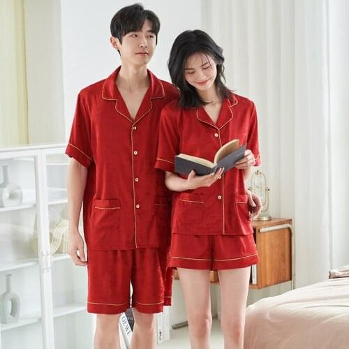 Sleepwear New Satin Chiffon Clothes Couple Pajamas Men Womens Summer Nightie Sleeved Shorts Negligee Home Service Suit Pijamas