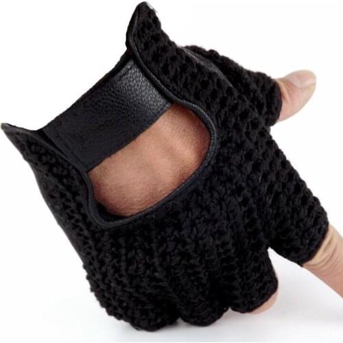Genuine Leather Semi-Finger Men Gloves Half Finger Sheepskin Fashion Hand Back Knitted Breathable Driving Leather Gloves