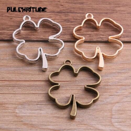 6pcs 34*44mm Three Color Alloy Jewelry Accessories Four Leaf Clove Charm Hollow Glue Blank Pendant Tray Bezel 12B35