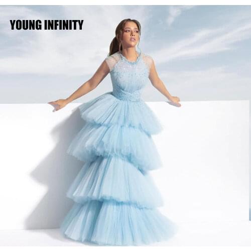 Luxury Blue Layers Prom Dress 2022 O Neck Sleeveless Long Evening Party Gown Beading Sequins Saudi Arabia Style Plus Size