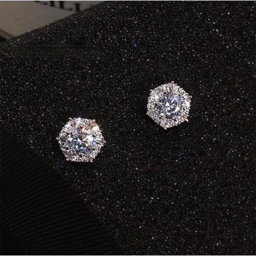 Luxury Female Crystal White Zircon Stud Earrings Simple Silver Plated Hexagon Earrings for Women Party Double Earrings Jewelry