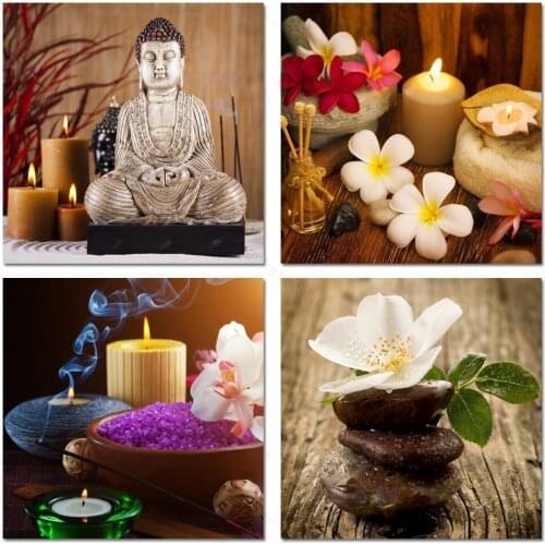 Modern Hd 4 Piece Canvas Print Poster Zen Flower Stone Thai Buddha Canvas Picture Board Print Artist Residence Decoration